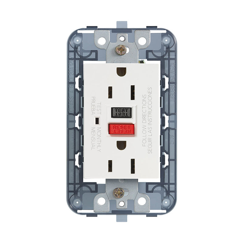 Eikon Outlet, USA Duplex, GFCI, 2P+E 15A/125V White, 3 Module w/Grid