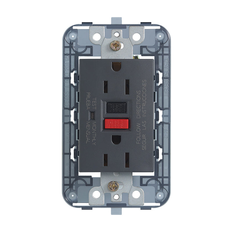 Eikon Outlet, USA Duplex, GFCI, 2P+E 15A/125V Grey, 3 Module w/Grid