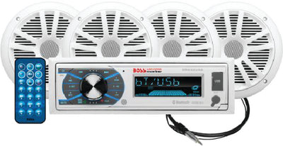 SINGLE-DIN AM/FM RECEIVER W/ 2 PAIR 6.5" MARINE SPEAKERS & ANTENNA (BOSS AUDIO)