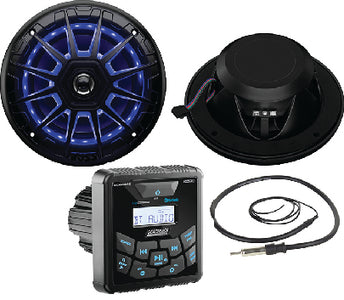 BLUETOOTH® IN-DASH MARINE GAUGE DIGITAL MEDIA AM/FM RECEIVER WITH 6-1/2" MARINE LED SPEAKERS/ ANTENNA PACKAGE (SEACHOICE)