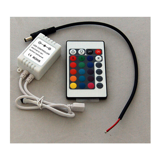 RGB Controller and 24 Button IR Remote with DC Connector, 12/24V, 2A/Channel