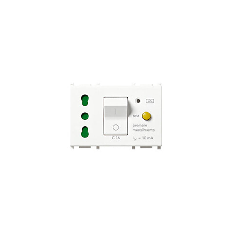 Plana Italian Std Outlet With RCBO, 2P+E, 16A/250V Sicury/BPRESA, Interlocked w/1P+N C16 RCB, 3M, Wht