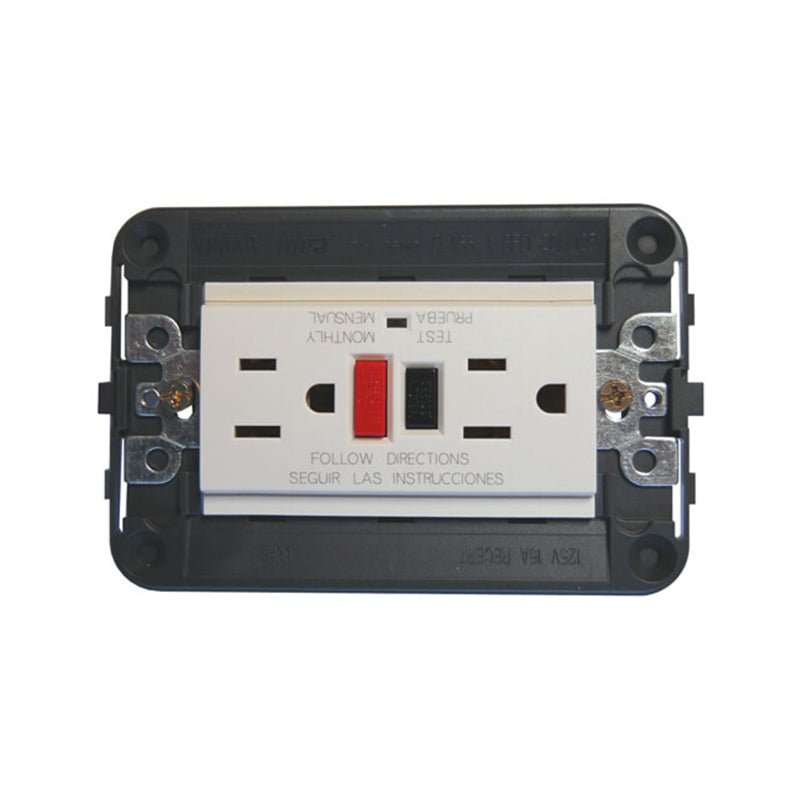 Idea Duplex GFCI Outlet, USA, 2P+E, 15A/125V 3 Modules with Grid, White