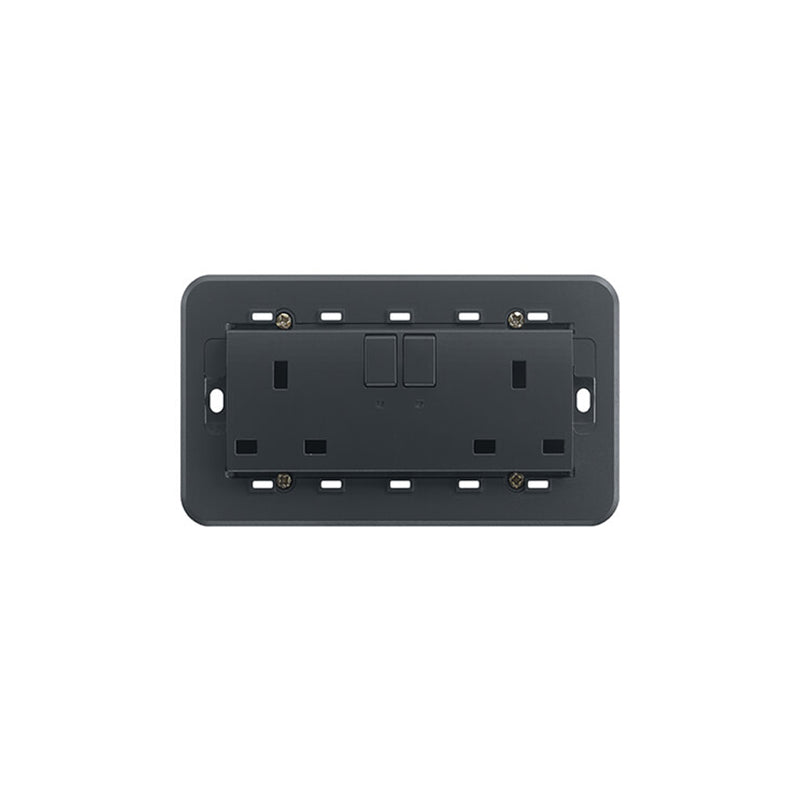 Eikon British Duplex Outlet w/2 x Switches, 2P+E 13A-250V, 5 Module w/Frame, Grey