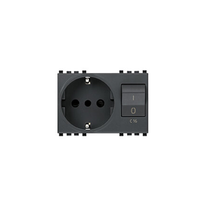 Eikon Outlet, Italian P30 Std, 2P+E, With Circuit Breaker (1P+N C 16), 230V, 3 Modules, Grey