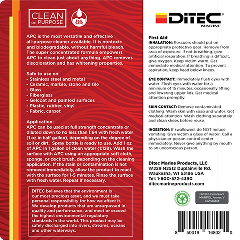 APC (ALL-PURPOSE CLEANER)- Multi-Surface Cleaner, Cleans Glass, Steel, Tile and Gelcoat